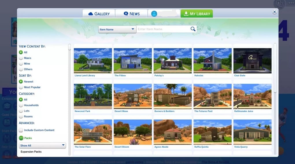 contenido en librería Sims 4