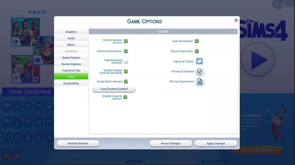 opciones avanzadas Sims 4