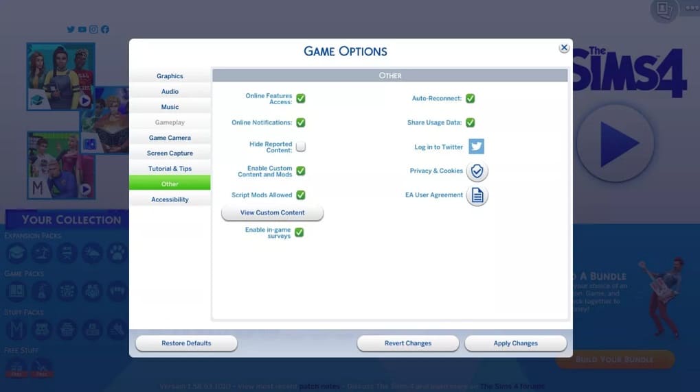opciones del juego Sims 4 Mods