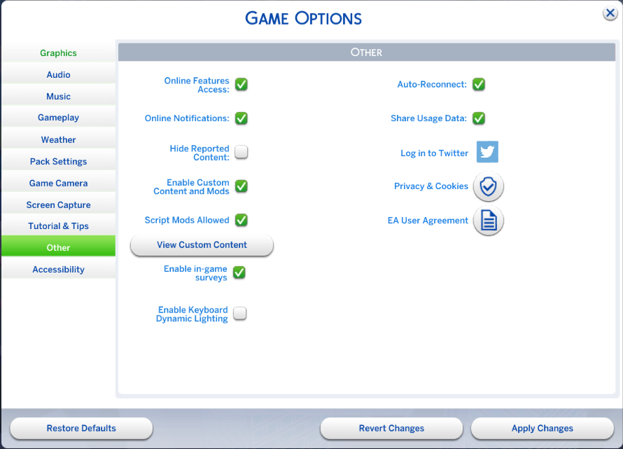 Sims 4 opciones de juego