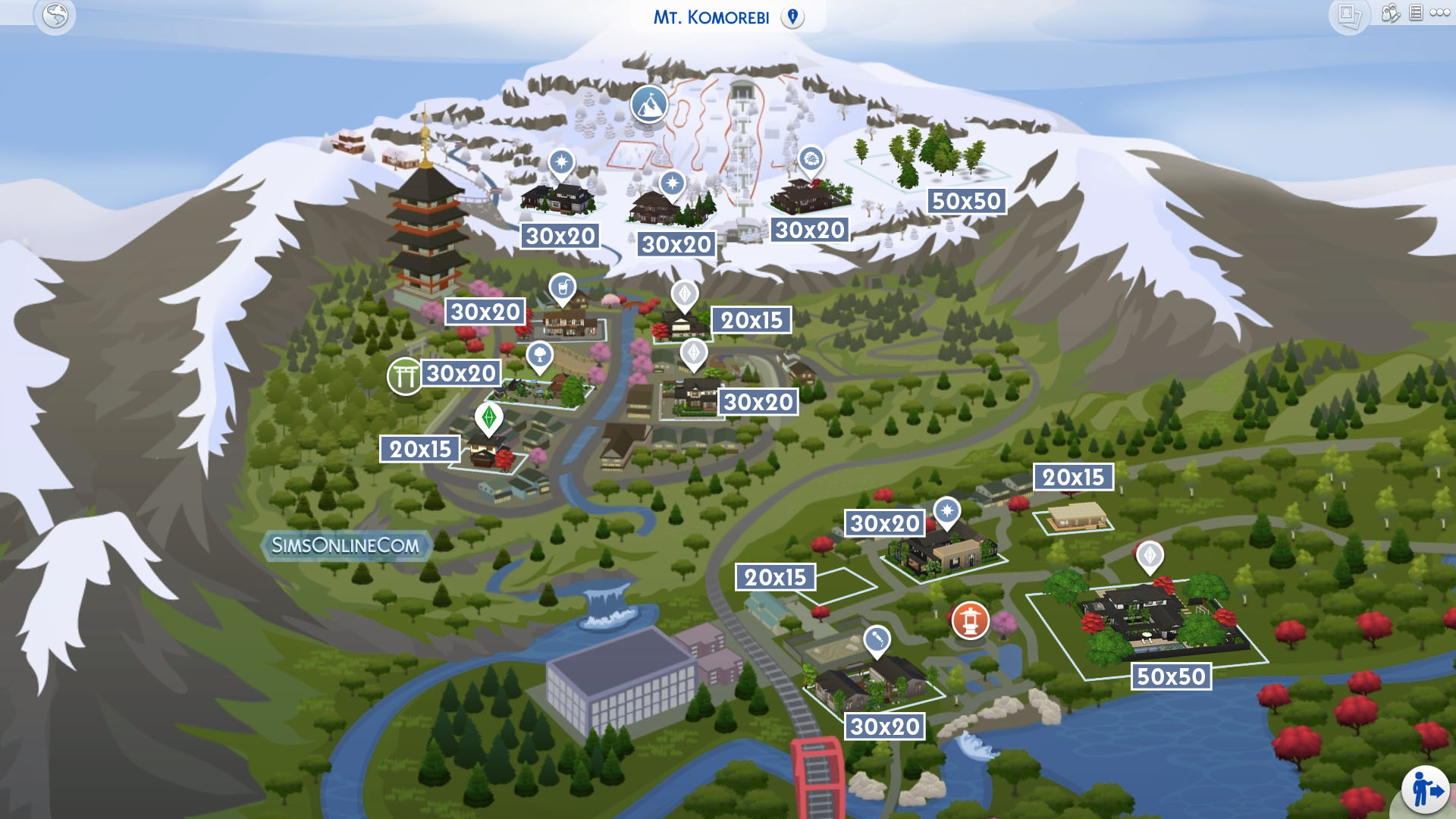 The Sims 4 Snowy Escape – Tamaños de lote en el monte. Mapa de Komorebi